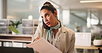 Business, phone call and woman in office, document and expert in tax report. Person, employee and financial specialist in workplace, cellphone and planning with online consultation and check budget