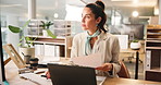 Accounting report, thinking and woman on laptop for bookkeeping, research or documents. Finance report, solution or accountant on computer for audit paperwork review, growth ideas or business tax