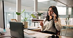 Finance, laptop and phone call with business woman in office for accounting or bookkeeping schedule. Computer, conversation and update with happy accountant at desk in workplace for wealth management