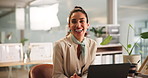Accounting, laptop and face of business woman in office for financial, portfolio or wealth management. Audit, computer and smile of happy accountant in workplace for bookkeeping, budget or investment
