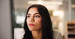 Computer, finance and reading with woman in office for accounting or bookkeeping schedule. Information, report and research with accountant at desk in workplace for financial audit or tax compliance