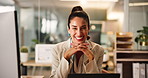 Accounting, computer and face of business woman in office for financial, portfolio or wealth management. Audit, investment banking and smile of mature accountant at work for bookkeeping or budget
