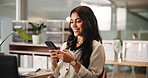 Phone, reading and smile with business woman in office for accounting or bookkeeping schedule. Finance, information and research with happy accountant at desk in workplace for audit or tax compliance