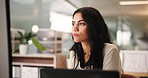 Accounting, computer and reading with woman in office for bookkeeping, research or schedule. Finance, information and review with serious accountant at desk in workplace for audit or tax compliance