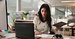 Documents, notebook and reading with woman in office for accounting or bookkeeping schedule. Finance, information and research on laptop with accountant at desk in workplace for audit or tax