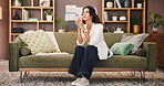 Home, sofa and mature woman with thinking for solution, reflection and lost in thoughts in lounge. House, female person and planning on couch for decision, mindset and contemplation in living room