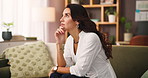 Problem solving, thinking and woman in home for reflection of mindset or lost in thoughts. Idea, planning and person with decision in living room, inspiration or remember serious memory with vision