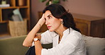 Frustrated, thinking or sad woman in home for decision, reflection or stress for concern on sofa. Mental health, unhappy or lonely person with depression, doubt or remember serious memory with regret