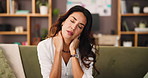Woman, sofa and neck pain in home with tension, bad posture and pinched nerve. Mature female person, stress or ache in living room with tense back, muscle stiffness and stretching for relief or care