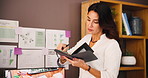 Home, sticky notes or businesswoman with notebook for planning, charts report or financial growth. Remote work, brainstorming ideas or analyst writing in diary for project task, review or revenue