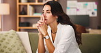 Serious, thinking and woman problem solving in home for reflection of mindset, challenge and thought. Idea, planning and person with decision in living room, doubt and remember memory with vision
