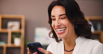 Laughing, typing and woman with smartphone, home and reading review for ebook on social media or happy. Chilling, reader and smile for rating of digital novel, relax or person with mobile for comment
