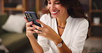 Texting, smile and woman with smartphone, house and laughing at joke in living room, chat and relax. Home, typing and person with mobile for message, online and communication with contact in lounge