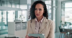 Business, thinking and woman in workplace, tablet and typing with problem solving, accounting and app. Person, financial consultant and employee with fintech, email and contemplation for profit
