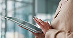 Tablet, hands and businesswoman in office with research for online stock market, profit or revenue. Digital technology, typing and female financial manager with email for contact with budget report.