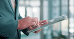 Tablet, hands and businessman in office with research for online stock market, profit or revenue. Digital technology, typing and male financial manager with email for contact with budget report.