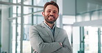 Corporate, crossed arms and face of business man for financial career, ambition and confidence. Professional, office and portrait of person for finance advisor, investment agency and consultant
