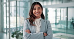 Happy, crossed arms and face of business woman for financial career, ambition and confidence. Professional, corporate and portrait of person for finance advisor, investment agency and consultant