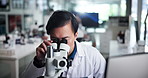 Scientist, man and microscope at laboratory with laptop, research and review for sample in pharmaceutical study. Person, process and clinical trial for medicine, computer and stats report for results
