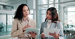 Women, tablet and documents with report at office, planning or review stats with advice at insurance company. People, partner and results for risk management with application for feedback at agency
