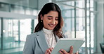 Office, businesswoman and financial advisor with tablet for research, investment review and smile. Digital, female person and risk management consultant for finance report, proposal and reading email