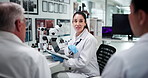 Ideas, scientist and group with tablet, lab and discussion for medical research, smile and treatment. Pharmaceutical, teamwork and people with tech for healthcare, info and happy for breakthrough
