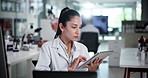 Woman, science and tablet for review at lab, click and research with application for medical solution. Person, digital touchscreen and scroll for stats, results and report for pharmaceutical trial