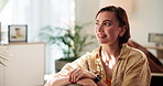 Thinking, memory and woman on sofa in home with self reflection, mental health and peace. Remember, calm and female person in living room with wellness decision, choice or relaxing in apartment.