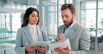 Tablet, document and team of business people in discussion for financial project, idea or help. Technology, collaboration and paperwork for planning, investment strategy and meeting in office lobby