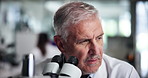 Scientist, man and microscope at laboratory with study, test and review for sample in pharmaceutical research. Person, process and clinical trial for medicine, perspective and solution for results
