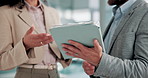 Tablet, hands and team of business people talk for brainstorming insurance policy, idea or help. Technology, collaboration or discussion for planning, financial coverage or problem solving in office