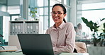 Laptop, glasses and face of businesswoman in office with email for legal contract for corporate company. Happy, portrait and female attorney with computer for communication on civil law report.