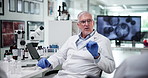 Biotechnology, scientist and people with discussion in lab for medical experiment, gene therapy and innovation. Clinical trial, mature man and talking to team for science research or drug development