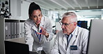 Discussion, scientist and colleagues with laptop, lab and collaboration for medical research or treatment. Pharmaceutical, teamwork and people with tech for healthcare, info or ideas for breakthrough