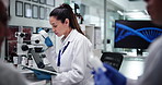 Medicine, woman and innovation with microscope, scientist and quality control for drug research, tech and healthcare. Experiment, pharmaceutical and people with analysis of antibiotics and clinic