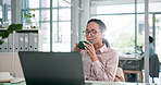Business woman, drinking coffee and thinking in office for project inspiration, creative article and reading feedback. Journalist, media agency and employee with beverage for story insight and review