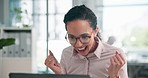 Laptop, celebration and business woman with achievement, financial milestone or reading good news. Office, success and happy worker fist pump for winning, investment deal and clapping for promotion