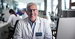 Scientist, man and happy with face, computer or review process for results, pharmaceutical or medicine with pride. Person, portrait and smile for clinical trial by pc, excited and stats report at lab