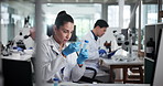 Samples, woman and scientist with DNA in laboratory for discovery, study or project with research. RNA, science and female biologist with tubes for medical pathology for pharmaceutical innovation.