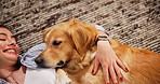 Home, dog and woman with smile, above and playful with support, bonding together and best friends. Apartment, animal and happy person on floor, canine and pet with fur, care or embrace in living room