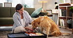 Smile, woman and suitcase with dog at house for travel, trip preparation and pet friendly destination. Person, play and puppy reward for packing luggage, bonding together and care for animal getaway
