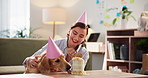 Birthday, cake or licking with dog and woman in living room of apartment together for celebration. Eating, party and smile of pet owner with labrador in apartment for bonding, friendship or milestone