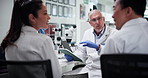 Breakthrough, science and tablet with people in laboratory together for collaboration or discussion. Healthcare, medical and research team at work on clinical trial for breakthrough or innovation
