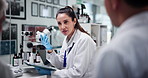 Sample, science and tablet with people in laboratory together for collaboration or discussion. Healthcare, medical and test tube with team at work on clinical trial for innovation or research