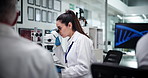 Science, research and people in lab, microscope and dna testing with conversation. Group, scientist and forensic experts in workplace, equipment and experiment with biotech and feedback for results