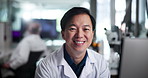 Face, happy man or Asian scientist on computer for test research, development or innovation. Portrait, smile or medical science with biotechnology for vaccine, microbiology or project in laboratory