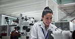 Microscope, happy woman or scientist on laptop for test research, development or innovation. Medical, smile or science with biotechnology for pharma exam, microbiology and experiment results in lab