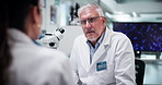 Science, research and people with microscope, coaching and testing with conversation. Mentor, scientist and forensic experts with equipment, advice and experiment with biotech or feedback for results