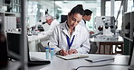 Science, laboratory and woman with sample writing for medical research, vaccine and medicine development. Healthcare, pharmaceutical and scientist with notebook for discovery, experiment and analysis