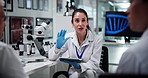 Science, tablet an talking with people in laboratory together for collaboration or discussion. Healthcare, medical review and research team with group at work on clinical trial for innovation